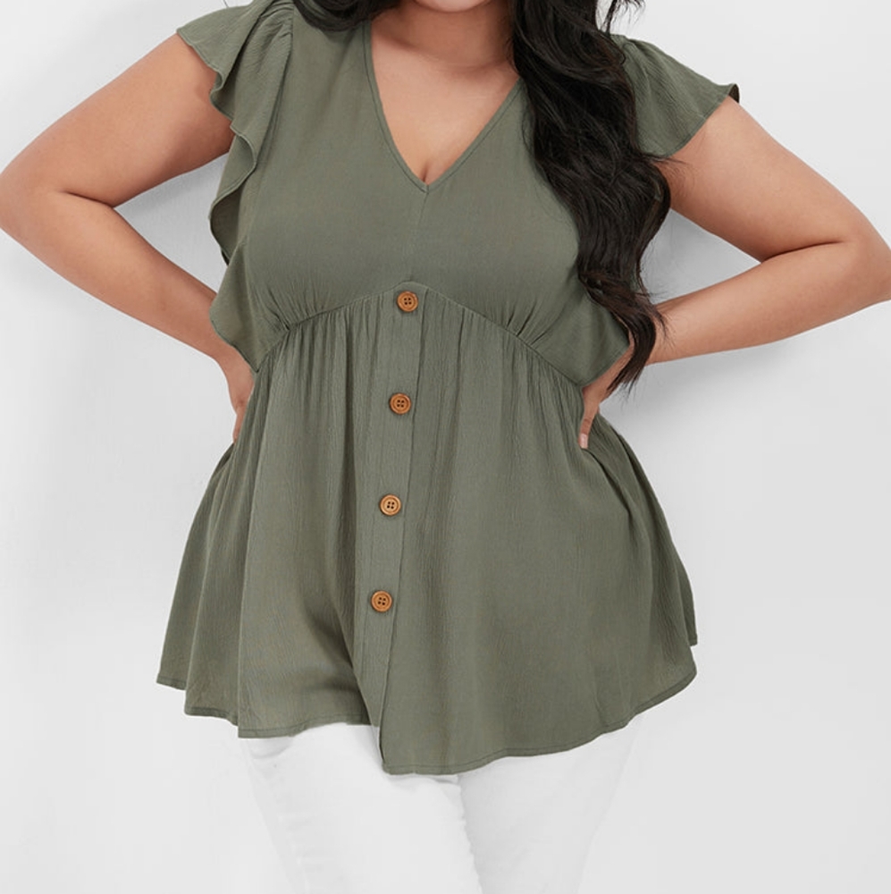 BLOOMCHIC Solid Ruffled Sleeve Button V Neck Blouse light green size 14